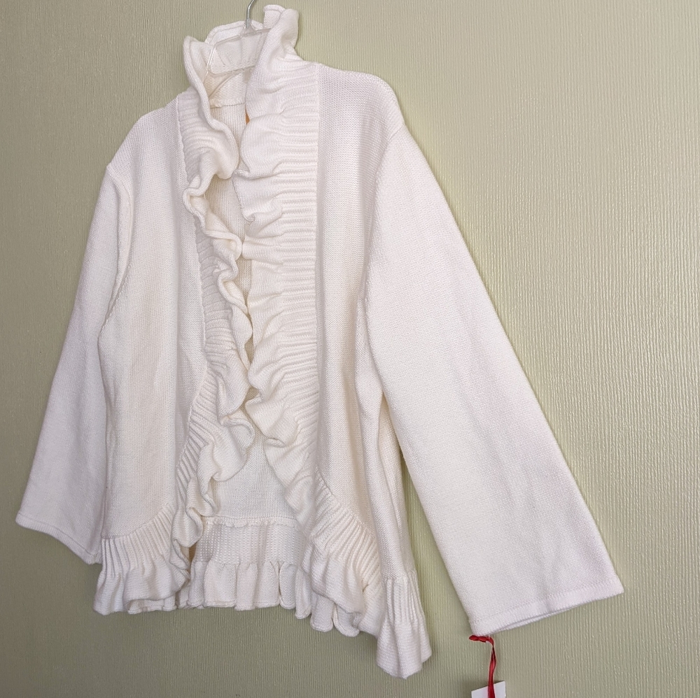 Ruby Rd Ruffled Cardigan Sweater Ivory Open Front Cotton Blend XLP - Picture 4 of 15